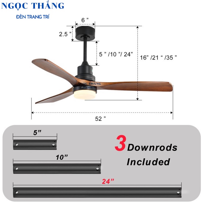 Quạt Trần Đèn Led 3 Cánh Gỗ Trang Trí Sảnh Phòng Khách Cao Cấp QT2010 Ngọc Thắng (Kèm remote điều khiển từ xa) - Hình ảnh 4