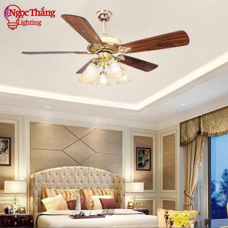 Quạt Trần Đèn Chùm 5 Cánh Gỗ Trang Trí Sảnh Phòng Khách Cao Cấp VF600VF06 Ngọc Thắng