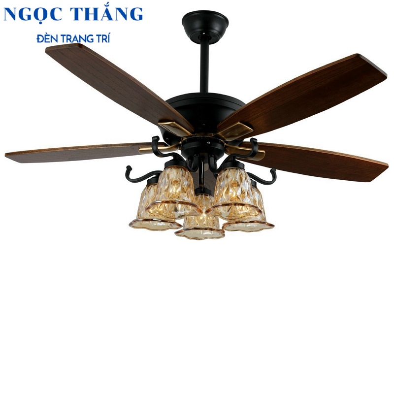 Quạt Trần Đèn Chùm 5 Cánh Gỗ Trang Trí Sảnh Phòng Khách Cao Cấp QT2817 Ngọc Thắng (Kèm remote điều khiển từ xa)