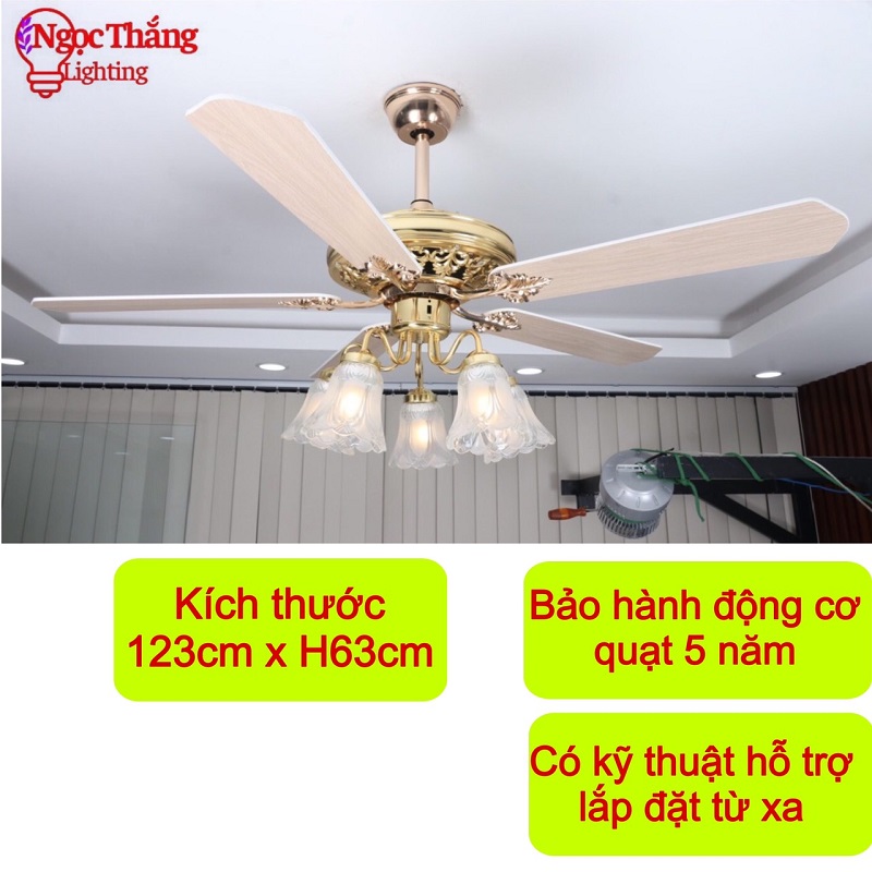 Quạt Trần Đèn Chùm 5 Cánh Gỗ Trang Trí Sảnh Phòng Khách Cao Cấp VF601 Ngọc Thắng - Hình ảnh 3