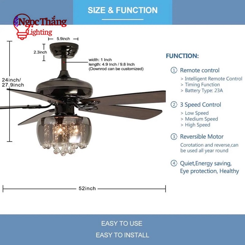 Quạt Trần Đèn Chùm Pha Lê 5 Cánh Gỗ Trang Trí Phòng Khách Bảo Hành 5 Năm VF110 Ngọc Thắng - Hình ảnh 8
