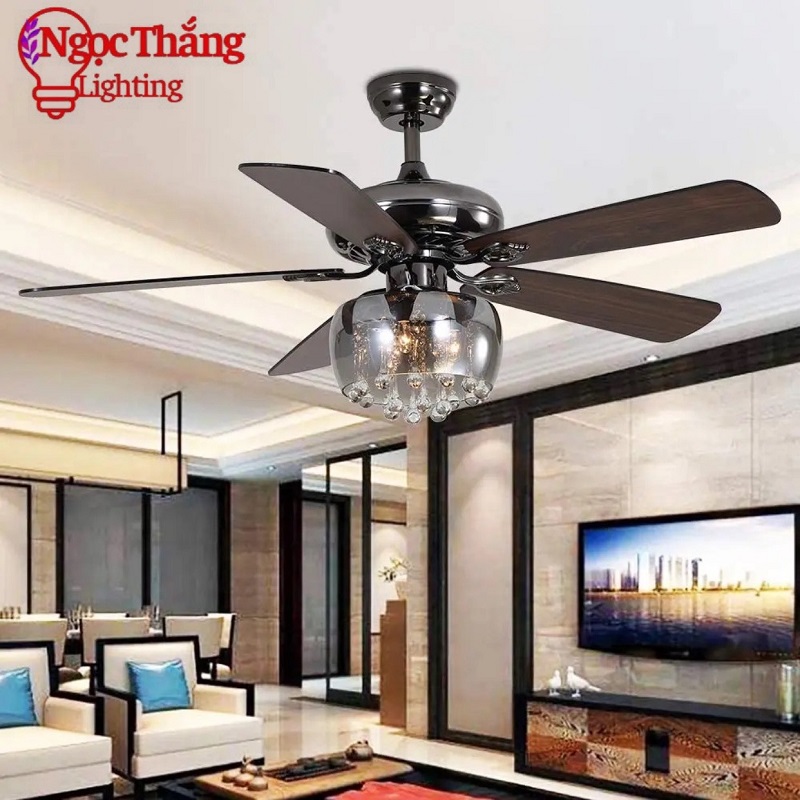 Quạt Trần Đèn Chùm Pha Lê 5 Cánh Gỗ Trang Trí Phòng Khách Bảo Hành 5 Năm VF110 Ngọc Thắng - Hình ảnh 7