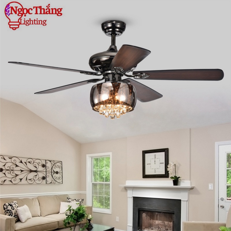 Quạt Trần Đèn Chùm Pha Lê 5 Cánh Gỗ Trang Trí Phòng Khách Bảo Hành 5 Năm VF110 Ngọc Thắng