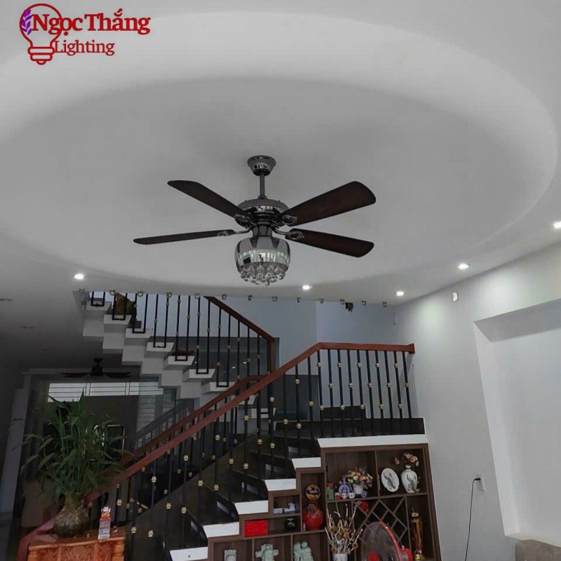 Quạt Trần Đèn Chùm Pha Lê 5 Cánh Gỗ Trang Trí Phòng Khách Bảo Hành 5 Năm VF110 Ngọc Thắng - Hình ảnh 4