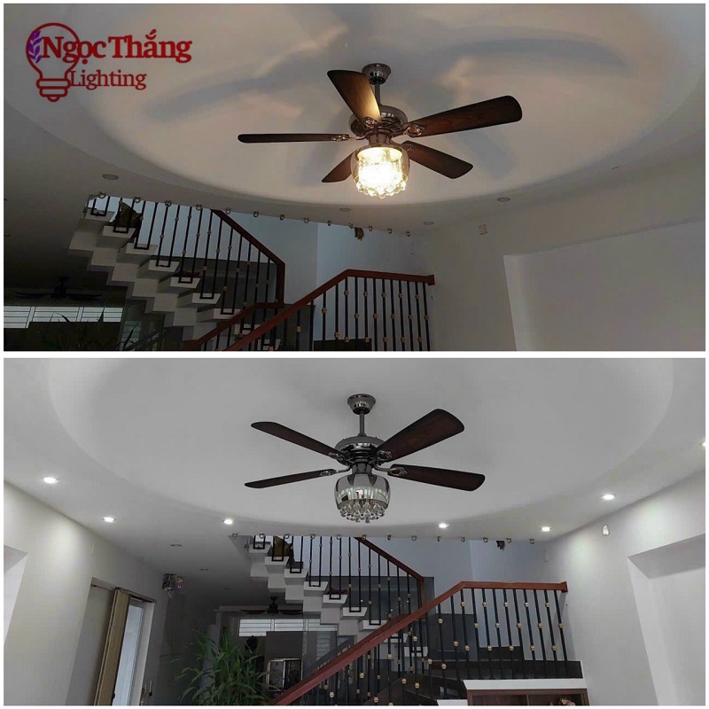 Quạt Trần Đèn Chùm Pha Lê 5 Cánh Gỗ Trang Trí Phòng Khách Bảo Hành 5 Năm VF110 Ngọc Thắng - Hình ảnh 3