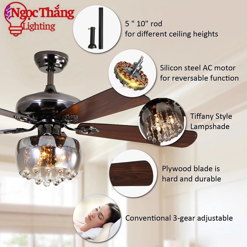 Quạt Trần Đèn Chùm Pha Lê 5 Cánh Gỗ Trang Trí Phòng Khách Bảo Hành 5 Năm VF110 Ngọc Thắng - Hình ảnh 16