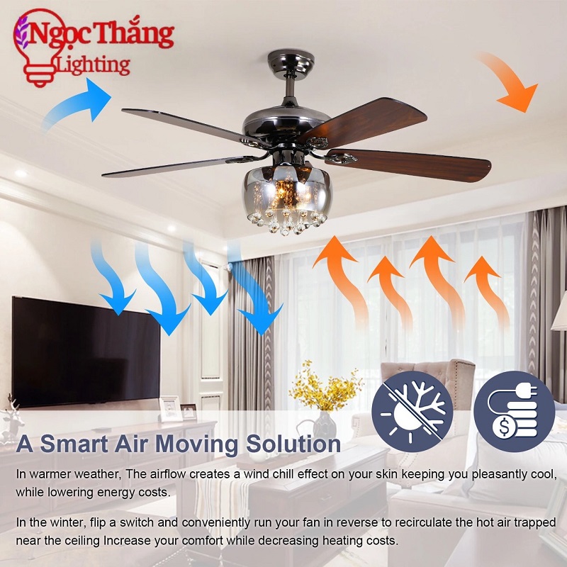 Quạt Trần Đèn Chùm Pha Lê 5 Cánh Gỗ Trang Trí Phòng Khách Bảo Hành 5 Năm VF110 Ngọc Thắng - Hình ảnh 13