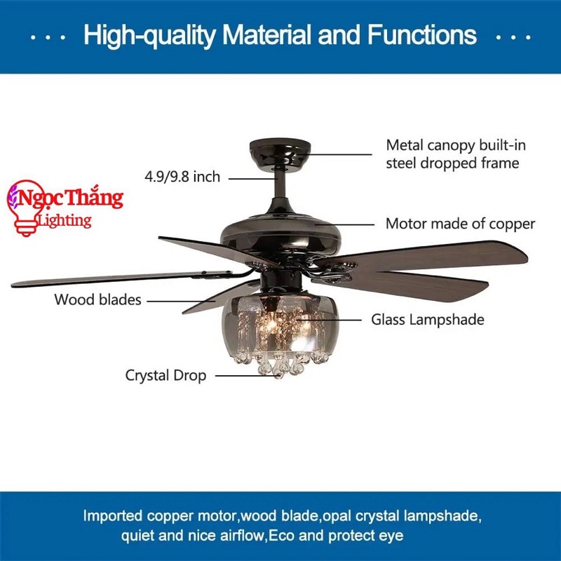 Quạt Trần Đèn Chùm Pha Lê 5 Cánh Gỗ Trang Trí Phòng Khách Bảo Hành 5 Năm VF110 Ngọc Thắng - Hình ảnh 11