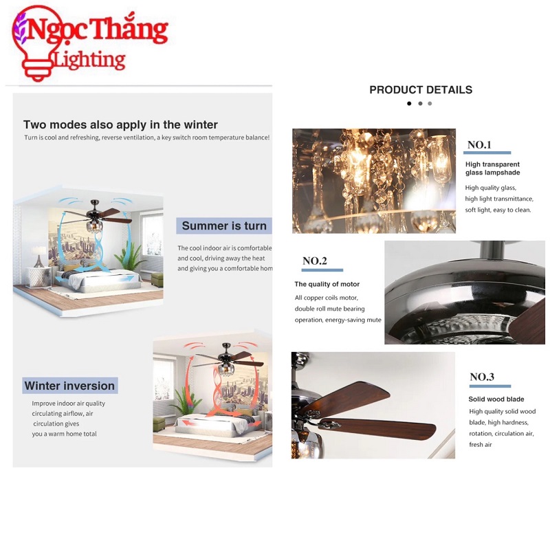 Quạt Trần Đèn Chùm Pha Lê 5 Cánh Gỗ Trang Trí Phòng Khách Bảo Hành 5 Năm VF110 Ngọc Thắng - Hình ảnh 2