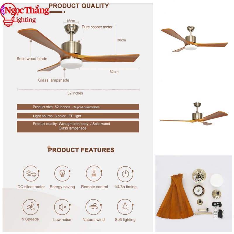 Quạt Trần Đèn Led 3 Cánh Gỗ Trang Trí Sảnh Phòng Khách Cao Cấp VF01 Ngọc Thắng (Tặng kèm remote) - Image 12