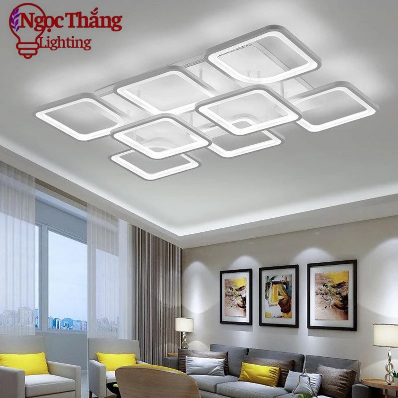 Đèn Mâm LED Ốp Trần Chữ Nhật Hiện Đại Trang Trí Phòng Khách Phòng Ngủ Led 3 Màu MT0057 Ngọc Thắng (Kèm remote điều khiển)