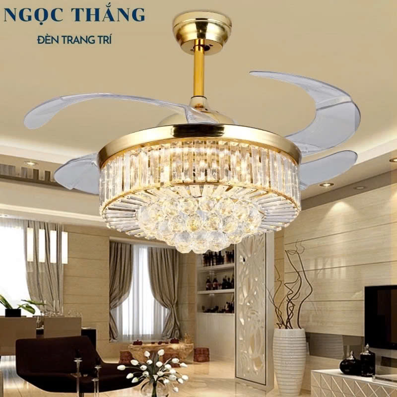 Quạt Trần Đèn Chùm Pha Lê Trang trí Phòng Khách Cao Cấp QT87086 Ngọc Thắng (Kèm remote điều khiển từ xa)
