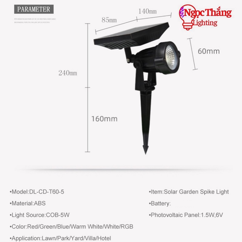 Đèn rọi ghim cỏ sân vườn năng lượng mặt trời trang trí ngoài trời Led 5W SV0701 Pin 2400mAh Ngọc Thắng - Ảnh 7