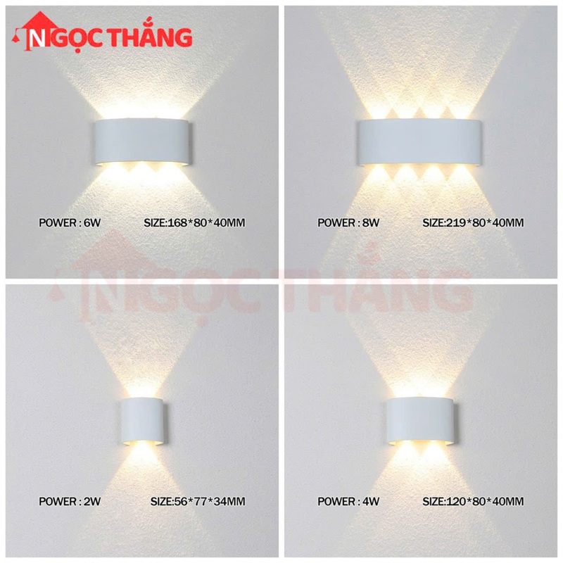 Đèn Led hắt tường treo tường trang trí trong nhà ngoài trời 2 bóng 4 bóng 6 bóng 8 bóng Led ánh sáng vàng 220V VNT624 Trắng Ngọc Thắng