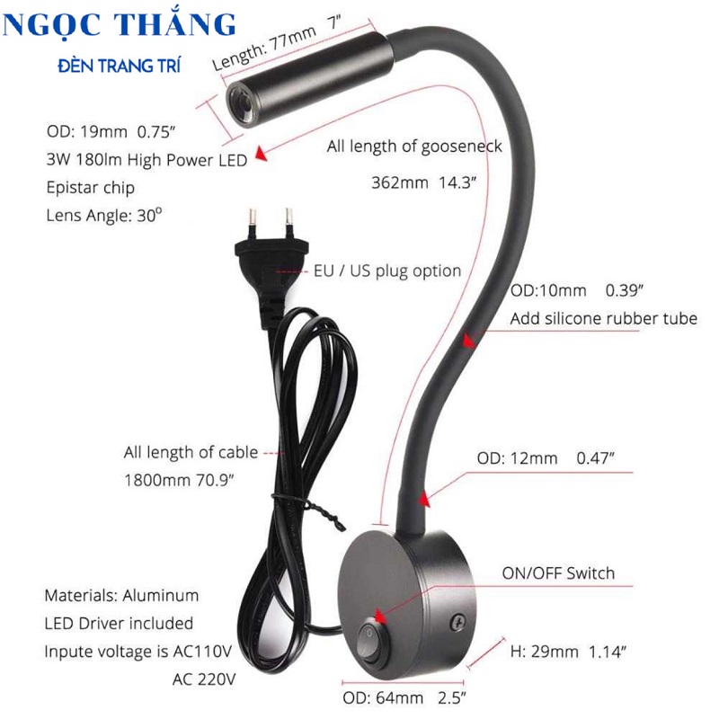 Đèn Led đọc sách chiếu tranh gắn tường phòng ngủ phòng khách Led 3W RO1408A Ngọc Thắng - Ảnh 3