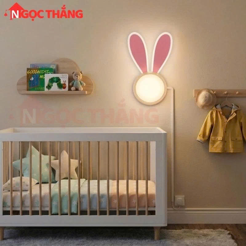 Đèn treo tường Mặt Thỏ Tai Hồng trang trí phòng ngủ cho bé Led 3 màu 8W 220V V8208 Ngọc Thắng