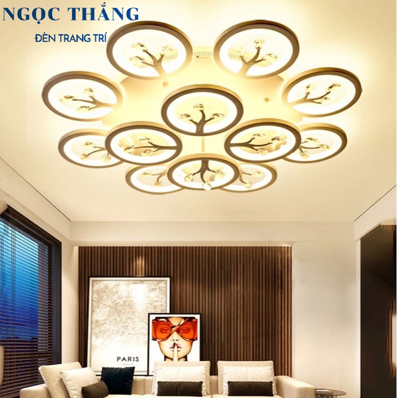 Đèn Mâm Pha Lê Ốp Trần 9 Cánh Hiện Đại Trang Trí Phòng Ngủ Led 3 Chế Độ Màu MT3650/12 Ngọc Thắng (Kèm remote điều khiển từ xa)