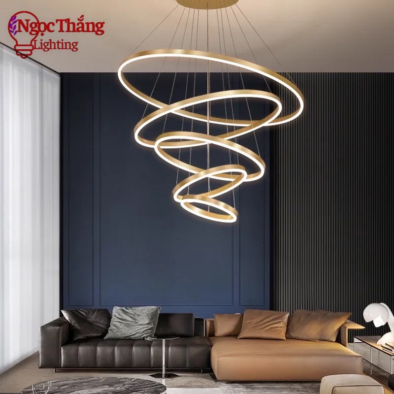 Đèn thả 5 vòng Led 40-60-80-100-120 trang trí sảnh phòng khách Led 3 màu THD7051T5 Ngọc Thắng