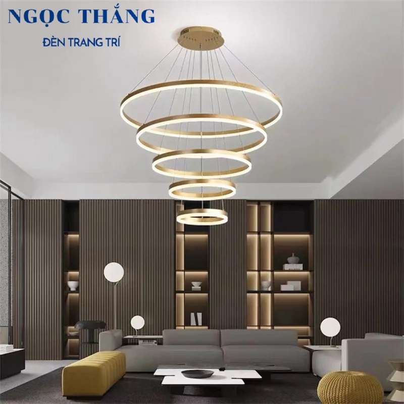 Đèn thả 5 vòng Led 20-40-60-80-100 trang trí sảnh phòng khách tích hợp Led 3 màu T7550/5 Ngọc Thắng