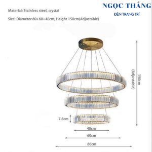 Alternative view of Đèn thả trần 3 vòng Led pha lê 40-60-80 trang trí sảnh phòng khách Led 3 chế độ màu TH8076 Ngọc Thắng (Kèm remote điều khiển từ xa)