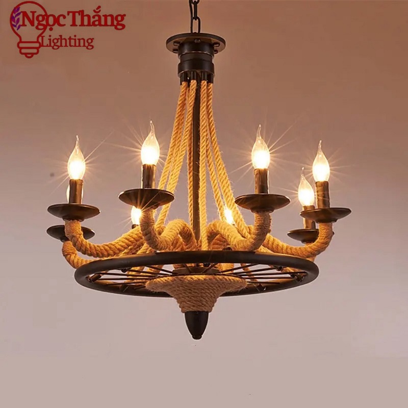 Đèn thả trần dây thừng trang trí bàn ăn quán cà phê 220V T86688 Ngọc Thắng (Tặng kèm 8 bóng đèn Led E14)