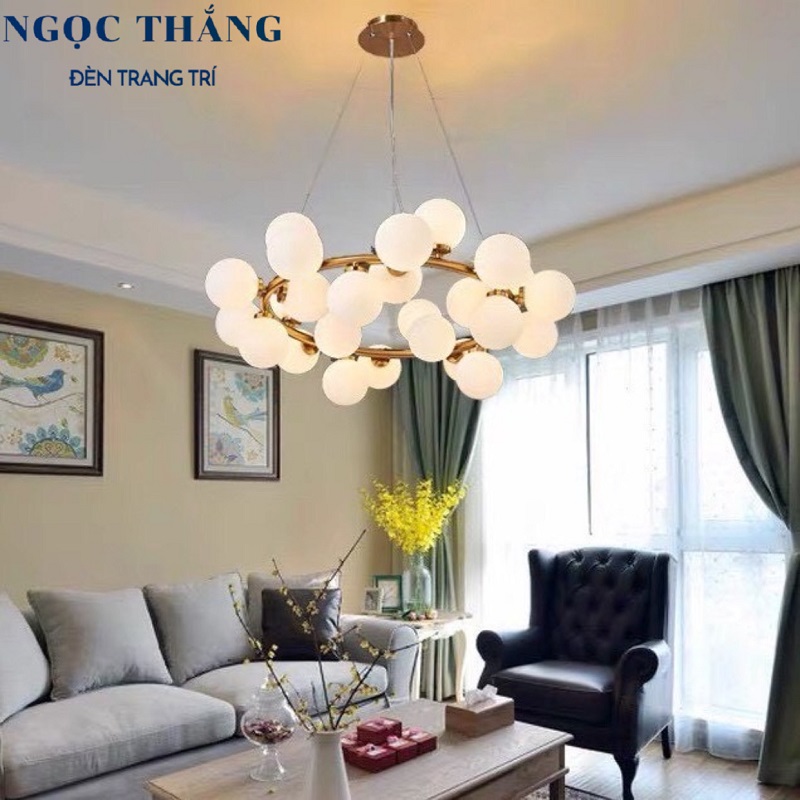 Đèn thả trần chùm ngọc trai 25 bóng trang trí phòng khách bàn ăn Led T2700-25 Ngọc Thắng