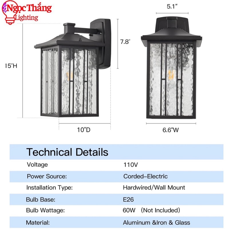 Đèn treo tường ngoài trời gắn tường ốp cột đèn trụ cổng 12W 220V E27 GTNT20 Ngọc Thắng - Ảnh 6