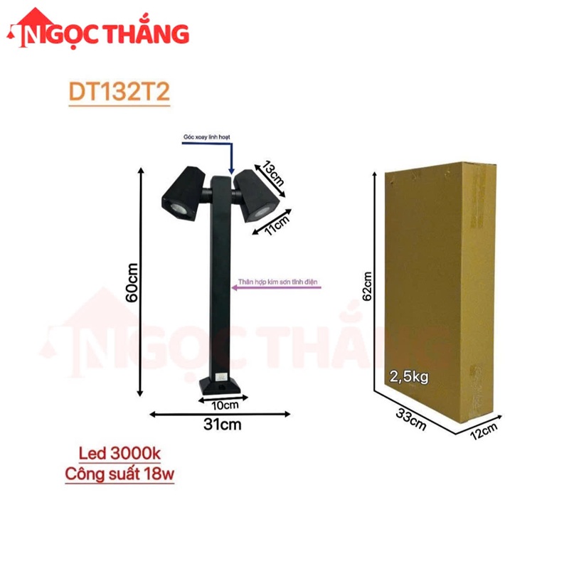 Đèn trụ sân vườn cao 60Cm ngoài trời chống nước Led 18W 220V DT132T2 Ngọc Thắng - Ảnh 3