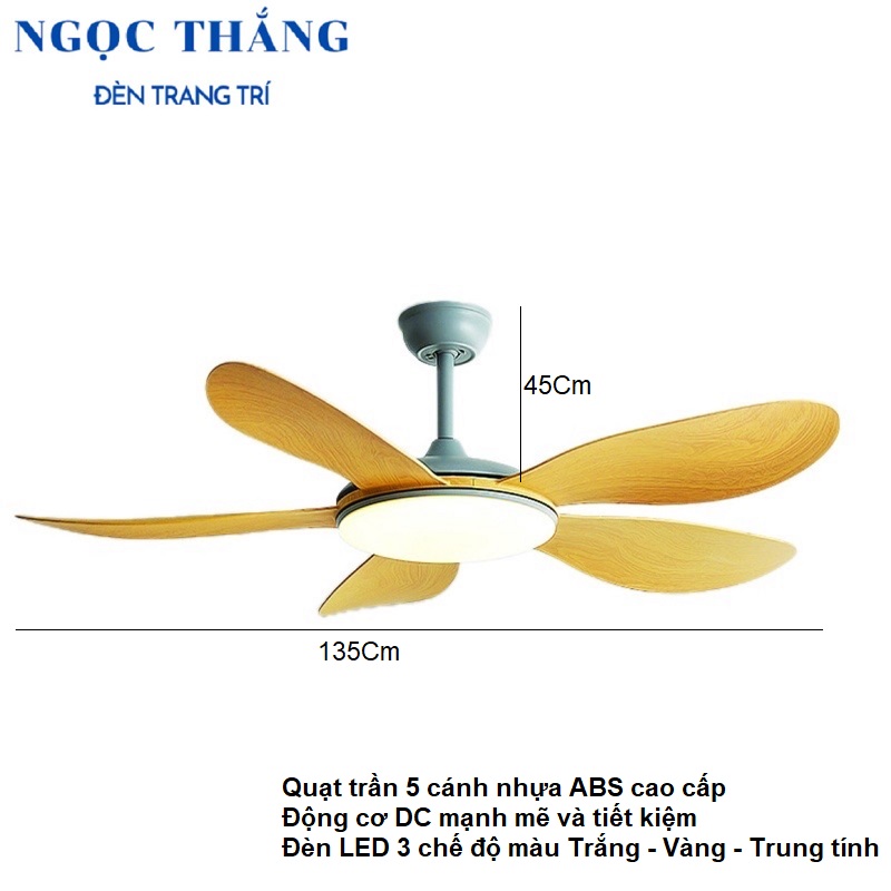 Quạt Trần Đèn 5 Cánh Trang Trí Sảnh Phòng Khách Cao Cấp Led 3 Chế Độ Màu VF55 Ngọc Thắng (Kèm remote điều khiển từ xa) - Ảnh 14
