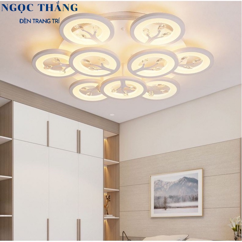 Đèn Mâm Pha Lê Ốp Trần 9 Cánh Hiện Đại Trang Trí Phòng Ngủ Led 3 Chế Độ Màu MT3650/9 Ngọc Thắng (Kèm remote điều khiển)