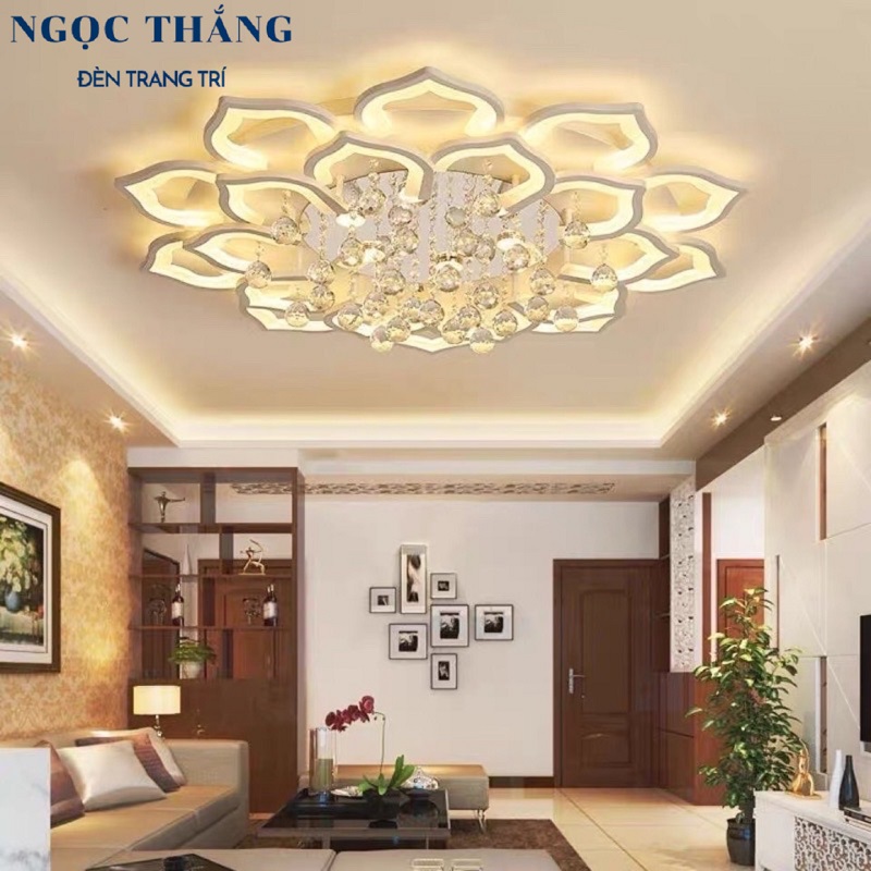 Đèn Mâm Pha Lê Ốp Trần 20 Cánh Hiện Đại Trang Trí Sảnh Phòng Khách Led 3 Chế Độ Màu MO9002 Ngọc Thắng (Kèm remote)