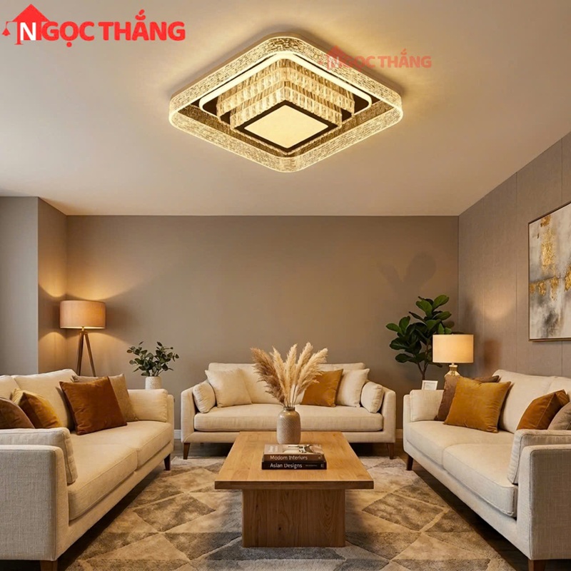 Đèn Mâm Pha Lê Ốp Trần Vuông 55cm Hiện Đại Trang Trí Phòng Khách Led 3 Màu 220V MT9051 Ngọc Thắng