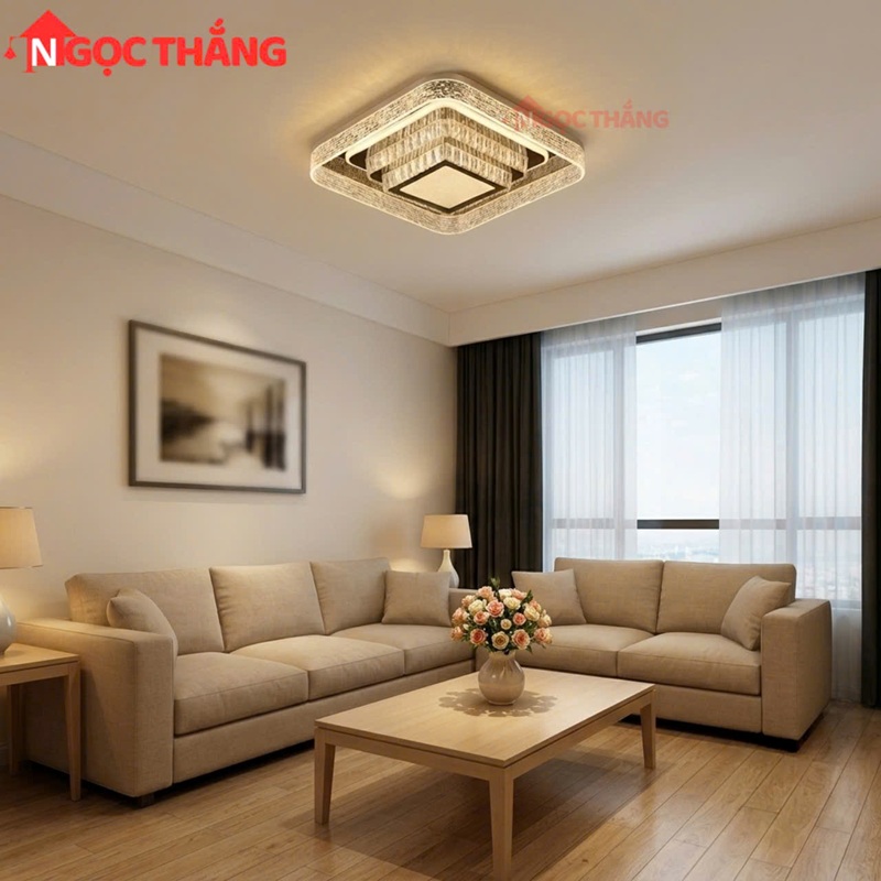 Đèn Mâm Pha Lê Ốp Trần Vuông 55cm Hiện Đại Trang Trí Phòng Khách Led 3 Màu 220V MT9051 Ngọc Thắng - Ảnh 8