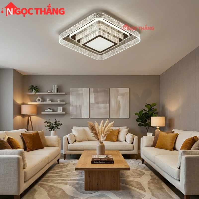 Đèn Mâm Pha Lê Ốp Trần Vuông 55cm Hiện Đại Trang Trí Phòng Khách Led 3 Màu 220V MT9051 Ngọc Thắng - Ảnh 4