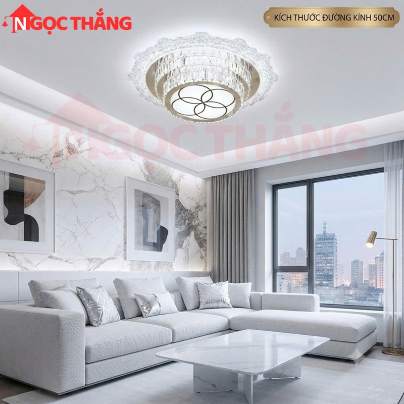 Đèn Mâm Ốp Trần Tròn 50cm Trang Trí Phòng Khách Phòng Ngủ Led 3 Màu 220V MT926 Ngọc Thắng Kèm remote - Ảnh 4
