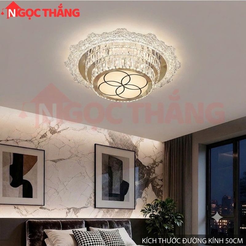 Đèn Mâm Ốp Trần Tròn 50cm Trang Trí Phòng Khách Phòng Ngủ Led 3 Màu 220V MT926 Ngọc Thắng Kèm remote
