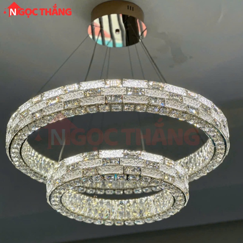 Đèn thả trần 2 vòng pha lê 80cm 50cm trang trí bàn ăn phòng khách 3 màu TH8806 220V Ngọc Thắng - Ảnh 3