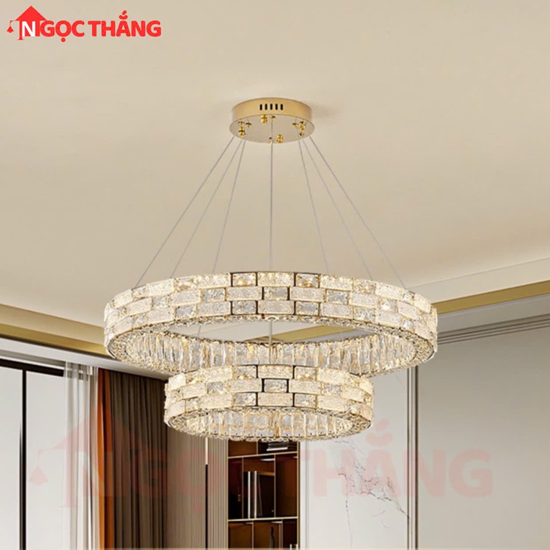 Đèn thả trần 2 vòng pha lê 80cm 50cm trang trí bàn ăn phòng khách 3 màu TH8806 220V Ngọc Thắng