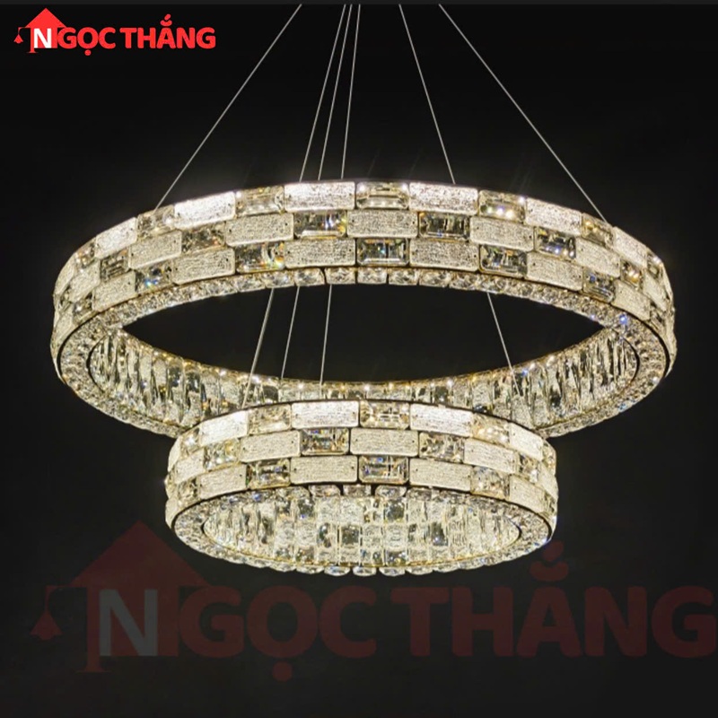 Đèn thả trần 2 vòng pha lê 80cm 50cm trang trí bàn ăn phòng khách 3 màu TH8806 220V Ngọc Thắng - Ảnh 5