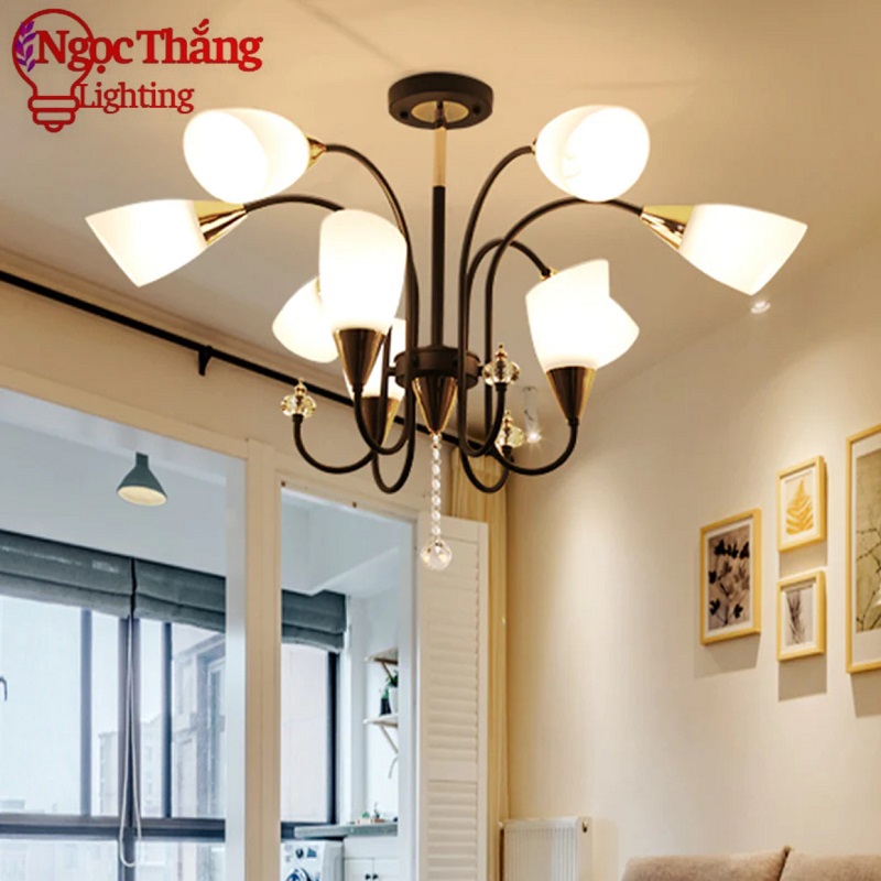 Đèn thả trần phòng ngủ 9 bóng trang trí phòng khách bàn ăn Led 3 chế độ màu T9139-9 Ngọc Thắng