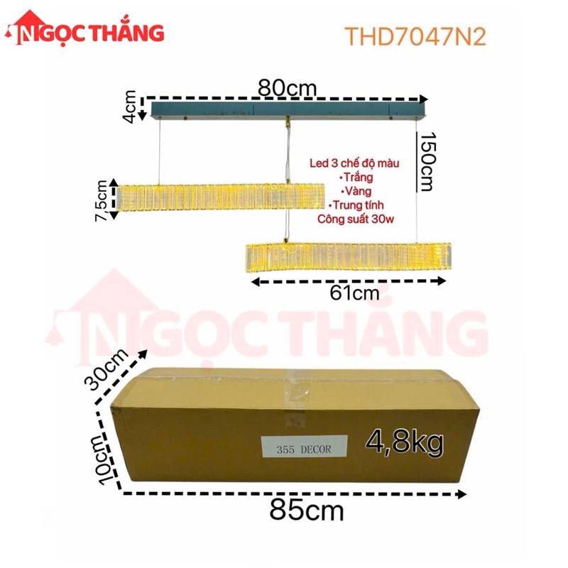Đèn thả trần pha lê cao cấp trang trí phòng khách bàn ăn Led 3 màu THD7047N2 220V Ngọc Thắng - Ảnh 2