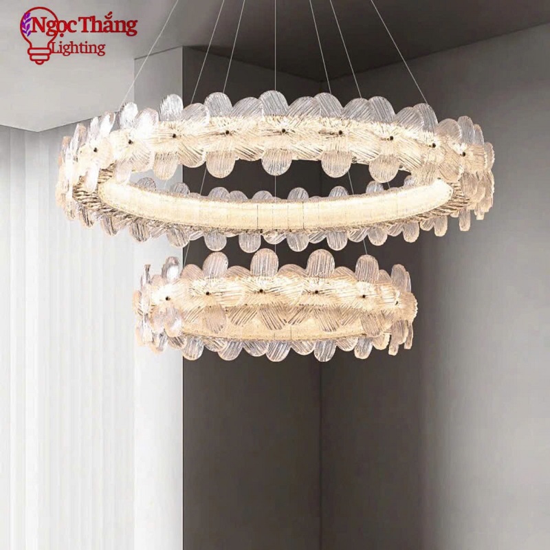 Đèn thả trần pha lê 2 vòng hoa mai trang trí bàn ăn phòng khách Led 3 màu TPL3026/80+60 Ngọc Thắng