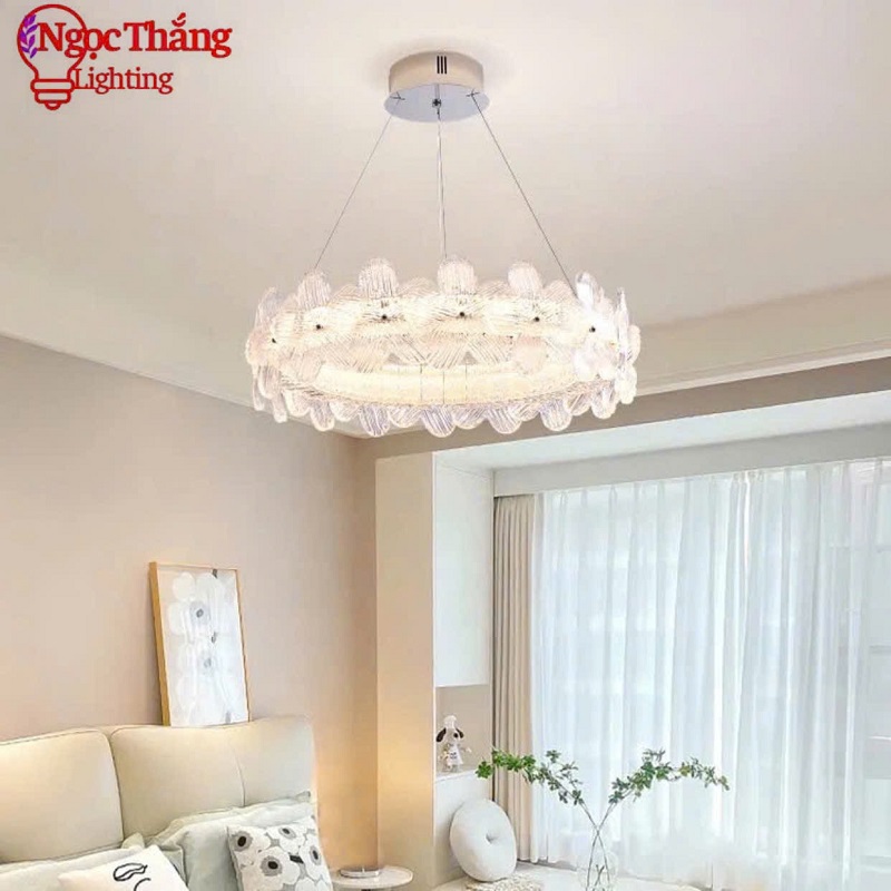 Đèn thả trần pha lê hoa mai 60cm trang trí bàn ăn phòng khách Led 3 chế độ màu TPL3026/60 Ngọc Thắng