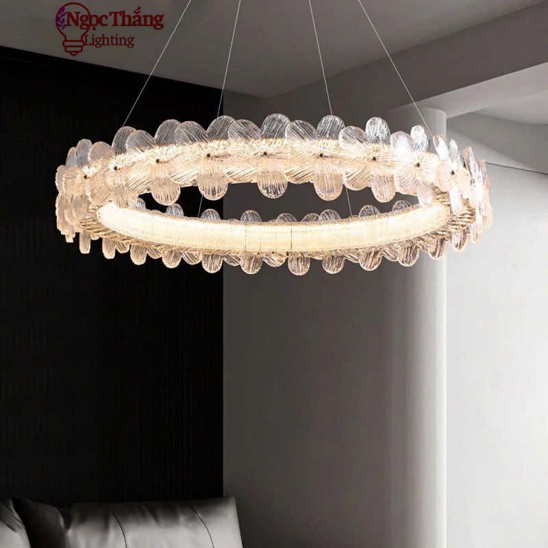 Đèn thả trần pha lê hoa mai 80cm trang trí bàn ăn phòng khách Led 3 chế độ màu TPL3026/80 Ngọc Thắng