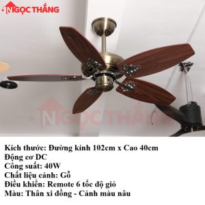 Quạt Trần 5 Cánh Gỗ 100Cm Trang Trí Phòng Khách Cao Cấp VF605 Ngọc Thắng (Kèm remote điều khiển)