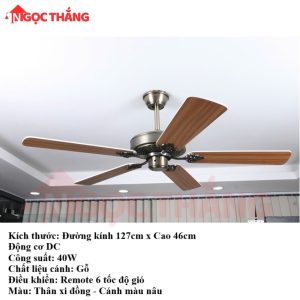 Alternative view of Quạt Trần 5 Cánh Gỗ 127Cm Trang Trí Phòng Khách Cao Cấp VF604 Ngọc Thắng (Kèm remote điều khiển)