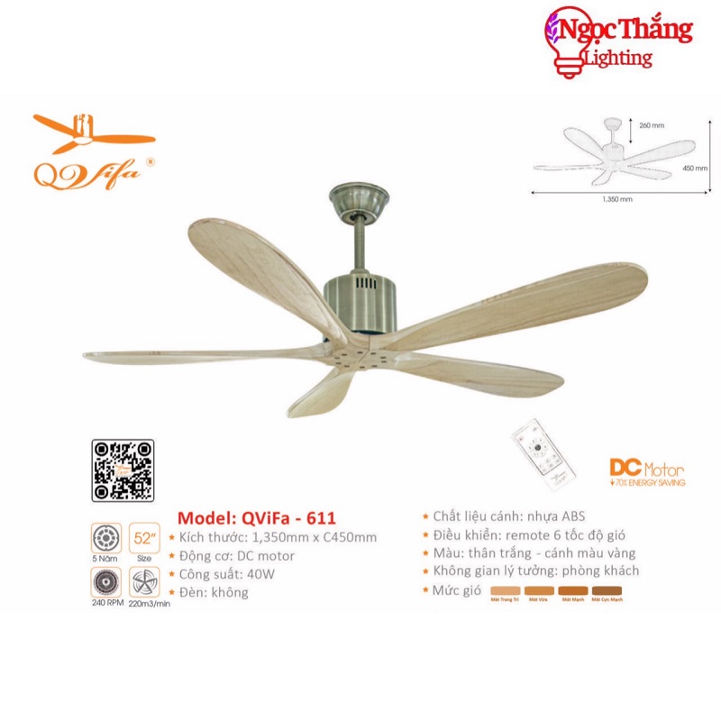 Quạt Trần 5 Cánh Gỗ Trang Trí Phòng Khách Bảo Hành 5 Năm VF611 Ngọc Thắng Kèm Remote - Ảnh 5