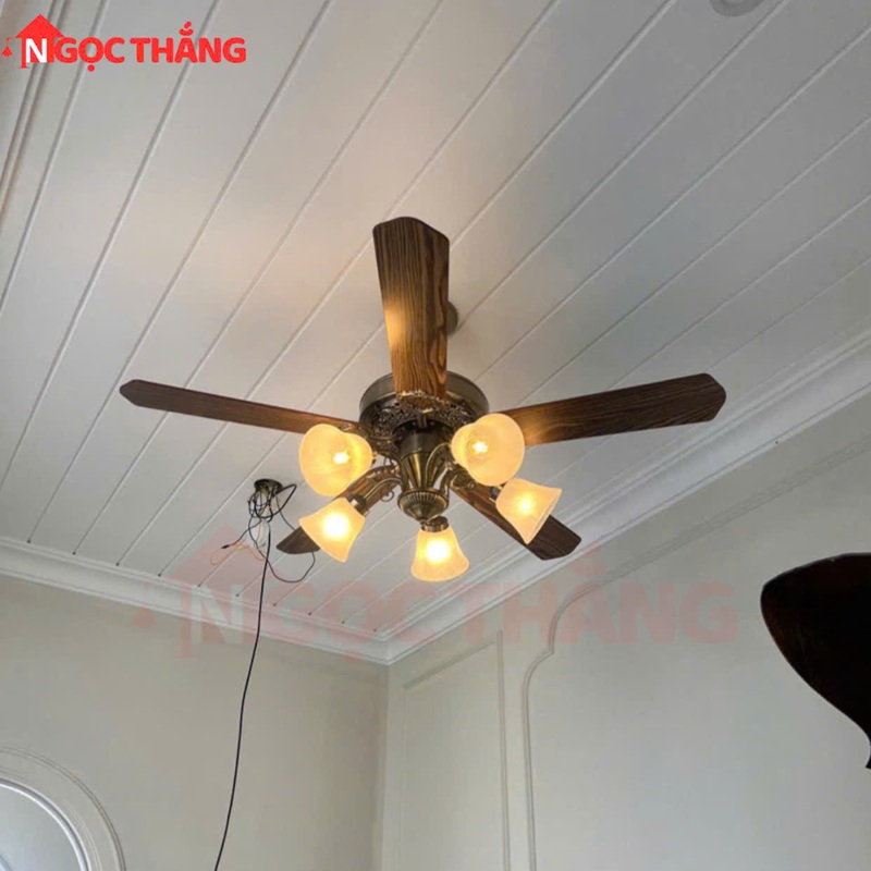 Quạt Trần Đèn 5 Cánh Gỗ 130cm Trang Trí Phòng Khách Cao Cấp QT5214 Ngọc Thắng (Kèm điều khiển)
