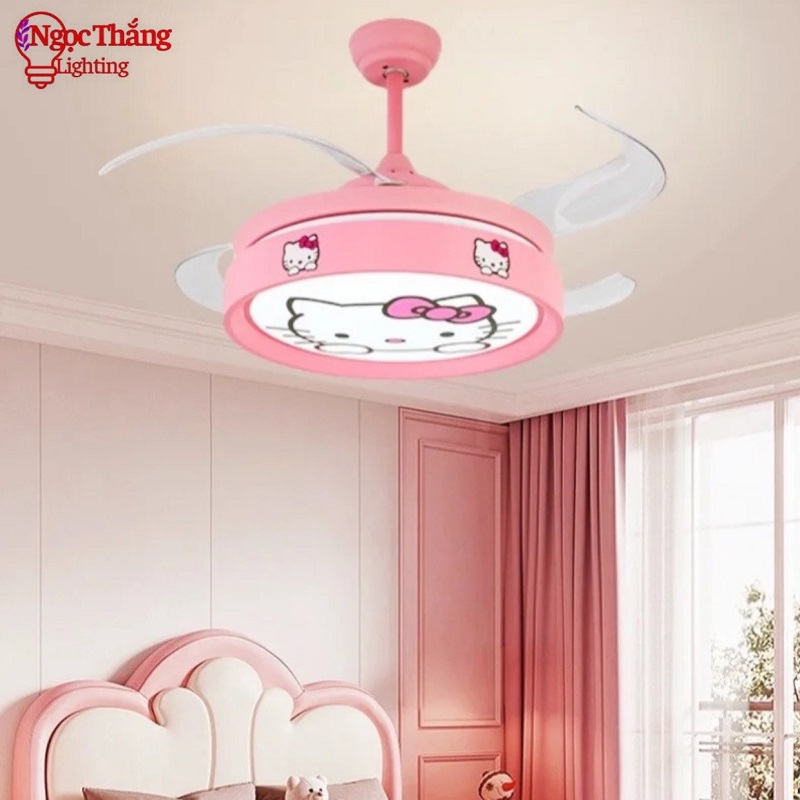Quạt Trần Đèn Hello Kitty Cánh Cụp Xòe Trang Trí Phòng Ngủ Cho Bé Phòng Khách QT2795 Ngọc Thắng