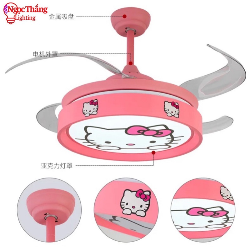 Quạt Trần Đèn Hello Kitty Cánh Cụp Xòe Trang Trí Phòng Ngủ Cho Bé Phòng Khách QT2795 Ngọc Thắng - Ảnh 3